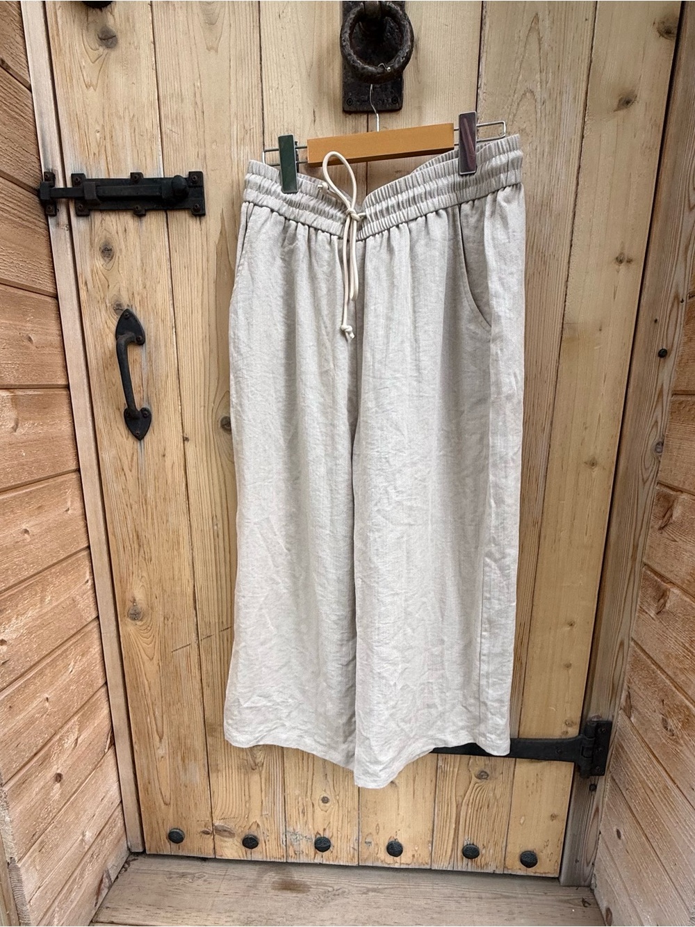 Halara Breezy Wide Leg Drawstring Linen Pants Oatmeal Beige Lounge Size Large - Picture 3 of 7